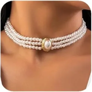 Sither 3 Layers Pearls Choker Necklace for Women Boho Pearls Chain Necklace Fashion Jewelry for Halloween Party Christmas Gift