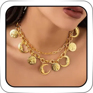 Sixexey African Necklaces Chunky Gold Necklace Layered Coin Moon Chain Necklace Accessories for Women