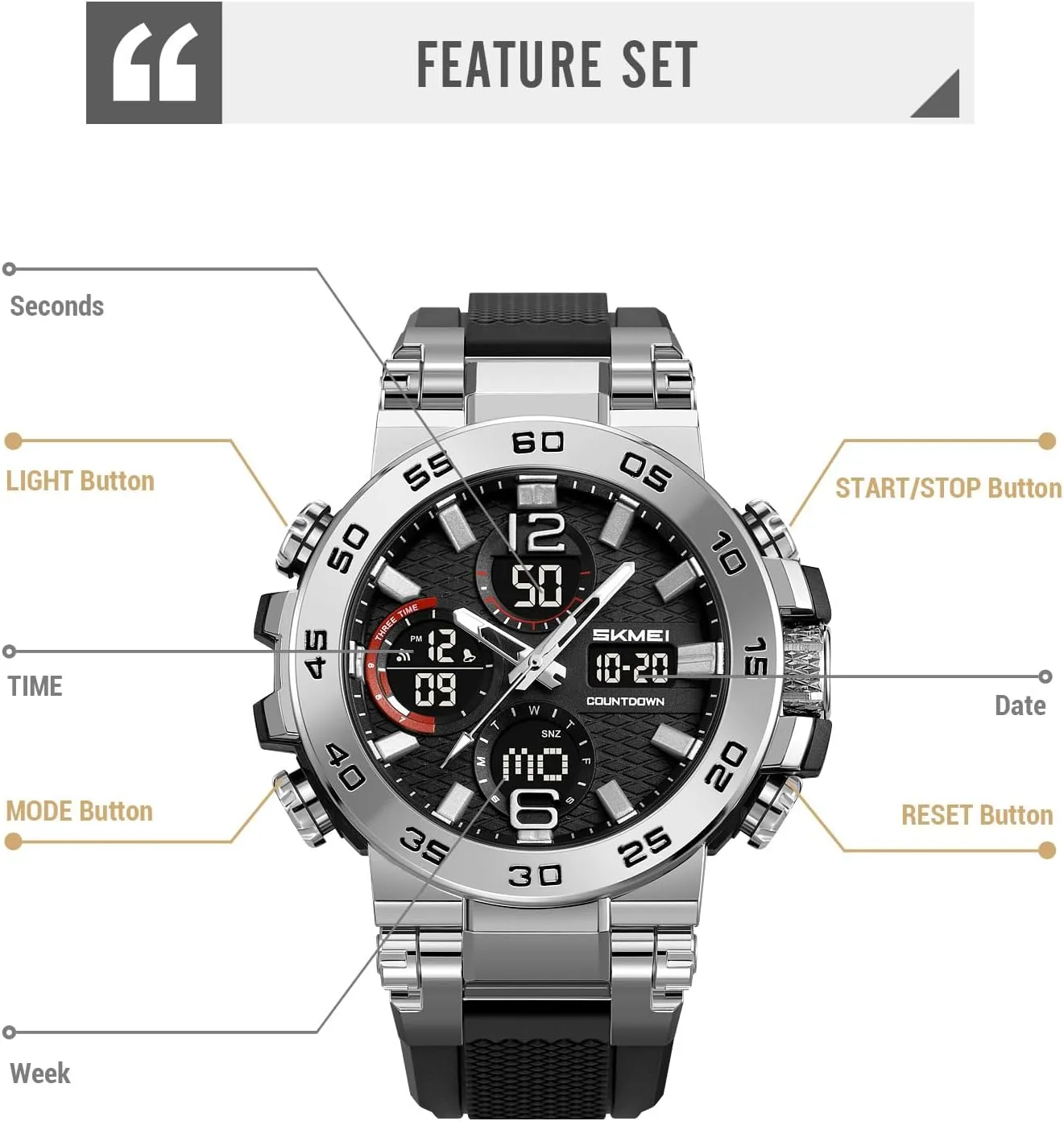 SKMEI 2499 Sports Watch Stylish Digital Watch with Waterproof Alarm Triple Time Zone Display