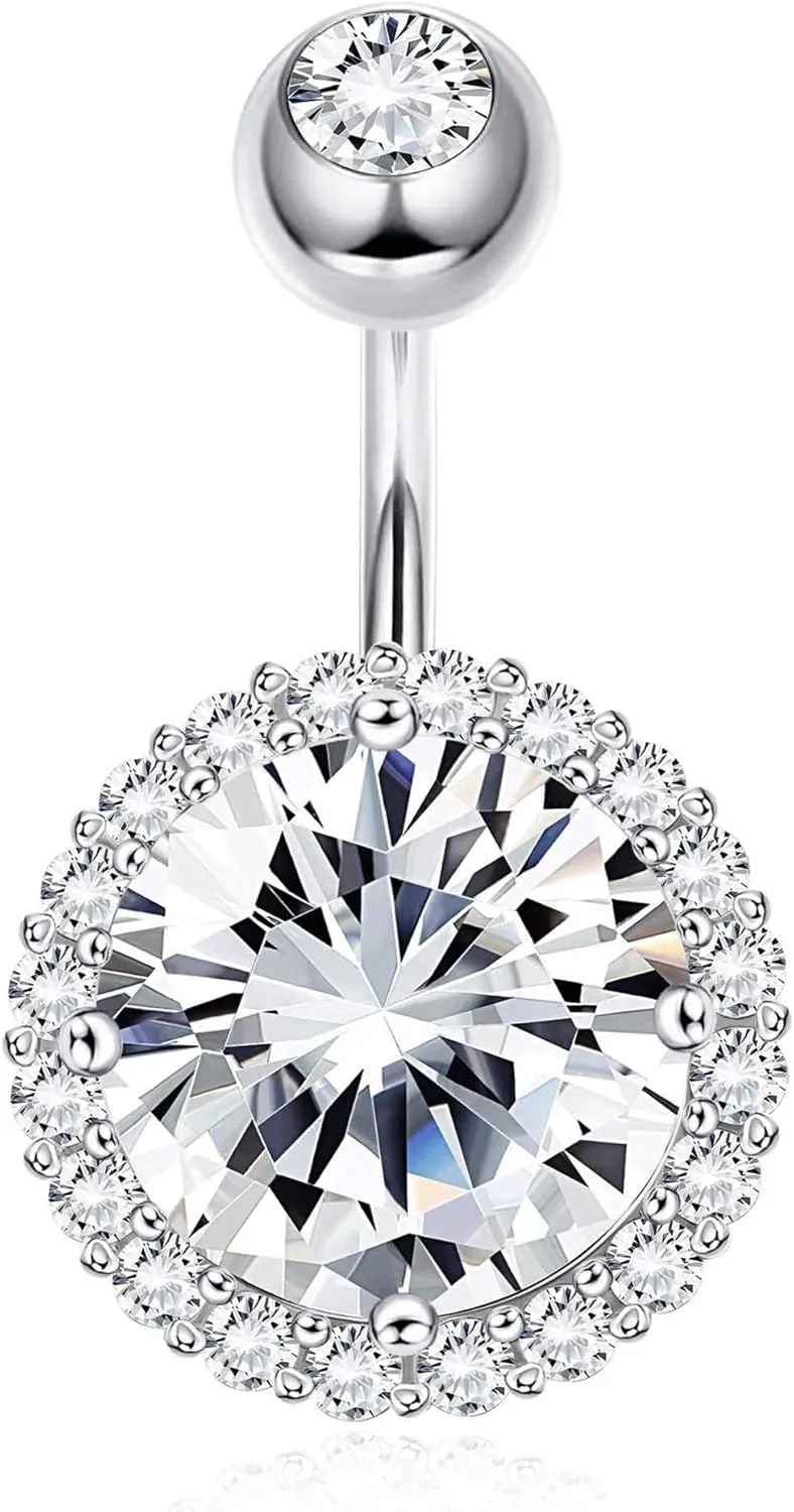 Sllaiss 14G Halo Belly Button Rings for women 925 Sterling Silver CZ Belly Rings Round Cubic Zirconia Curved Barbell Navel Rings Body Piercing Jewelry Hypoallergenic