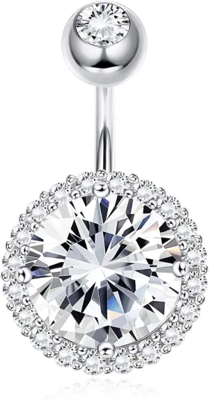 Sllaiss 14G Halo Belly Button Rings for women 925 Sterling Silver CZ Belly Rings Round Cubic Zirconia Curved Barbell Navel Rings Body Piercing Jewelry Hypoallergenic