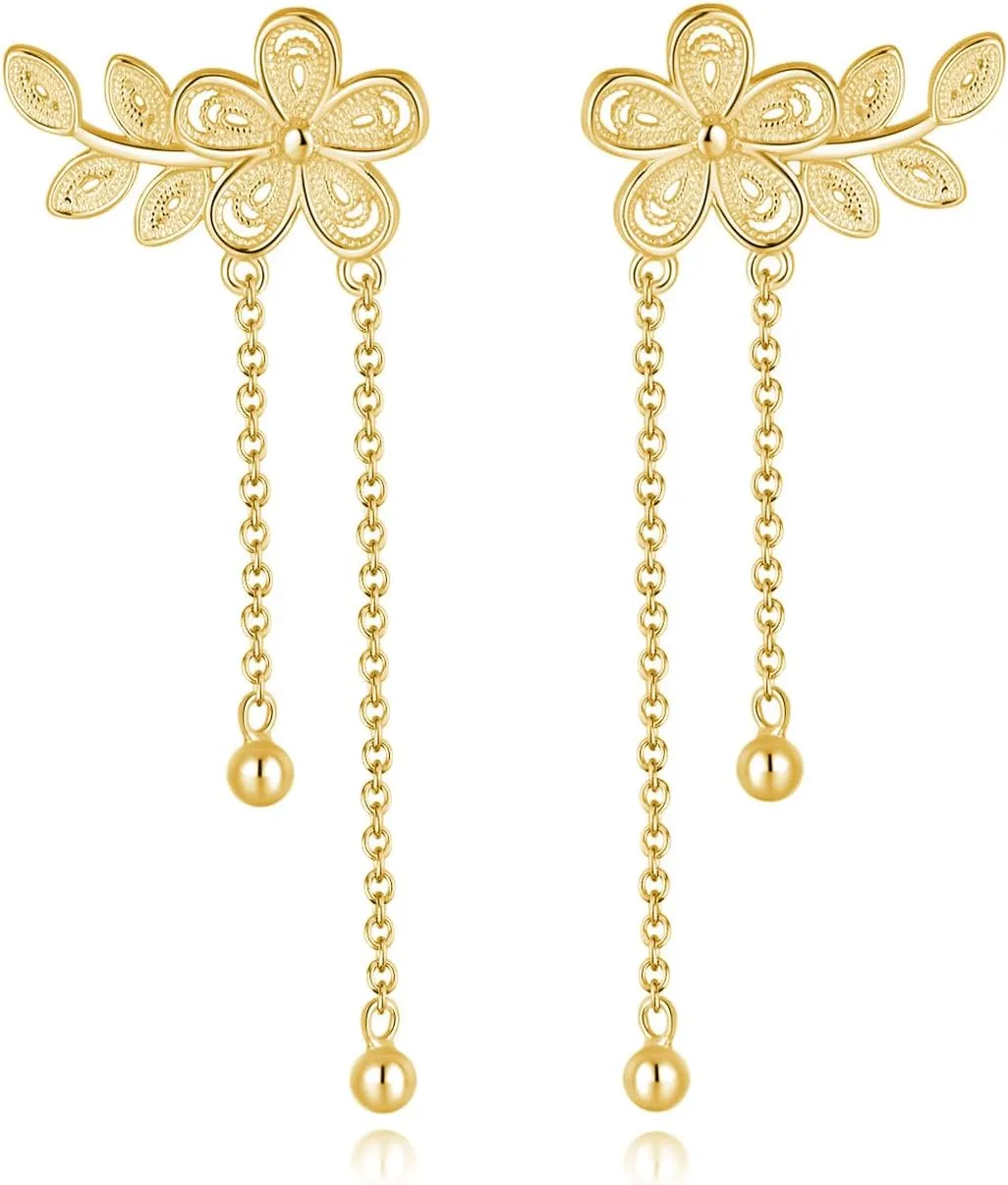 SLUYNZ 925 Sterling Silver Elegant Flower Crawler Earrings Wrap for Women Leaf Climber Earrings Cuff Tassel