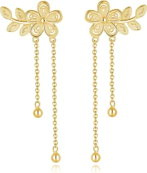 SLUYNZ 925 Sterling Silver Elegant Flower Crawler Earrings Wrap for Women Leaf Climber Earrings Cuff Tassel