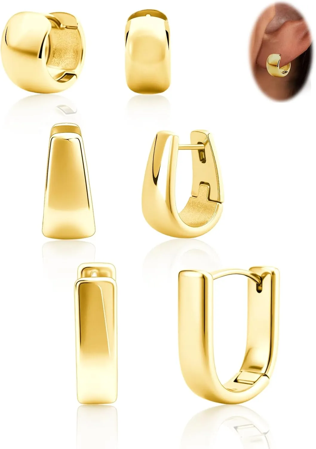 Small Chunky Thick Hoop Earrings for Women 14k Gold Plated Huggie Hoops Earrings Hypoallergenic Silver U Square Earring Set