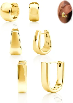 Small Chunky Thick Hoop Earrings for Women 14k Gold Plated Huggie Hoops Earrings Hypoallergenic Silver U Square Earring Set