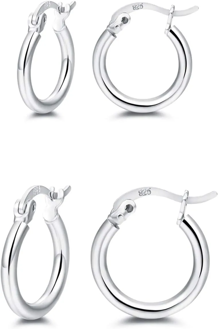 Small Silver Hoop Earrings 925 Sterling Silver Hypoallergenic Hoop Earrings 2 Pairs Huggie Earrings for Women Men 13mm 15mm