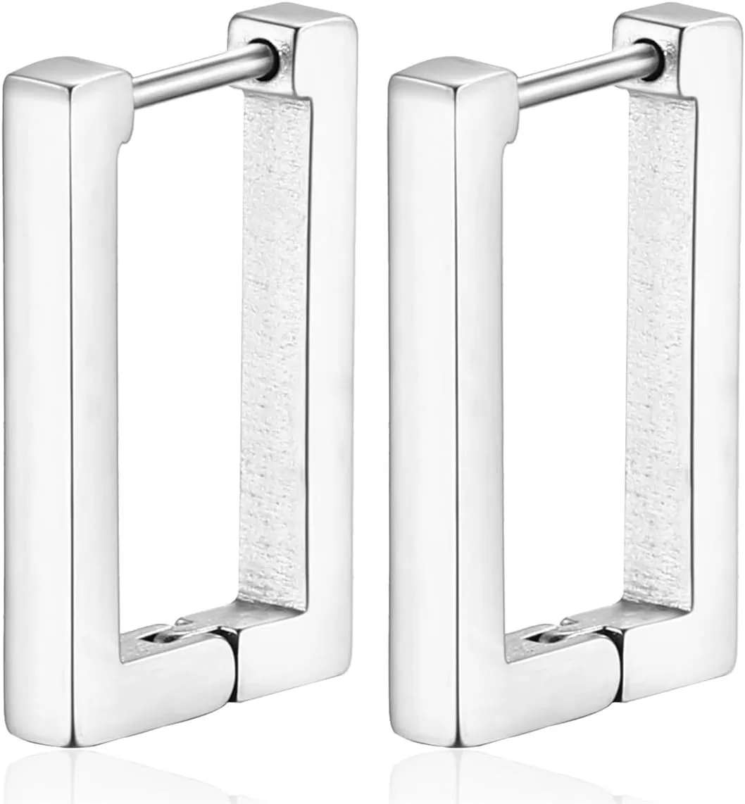Small Square Hoop Earrings Minimalist Rectangle Dangle Earrings Sterling Silver Gold Geometric Chunky Earrings for Men Women