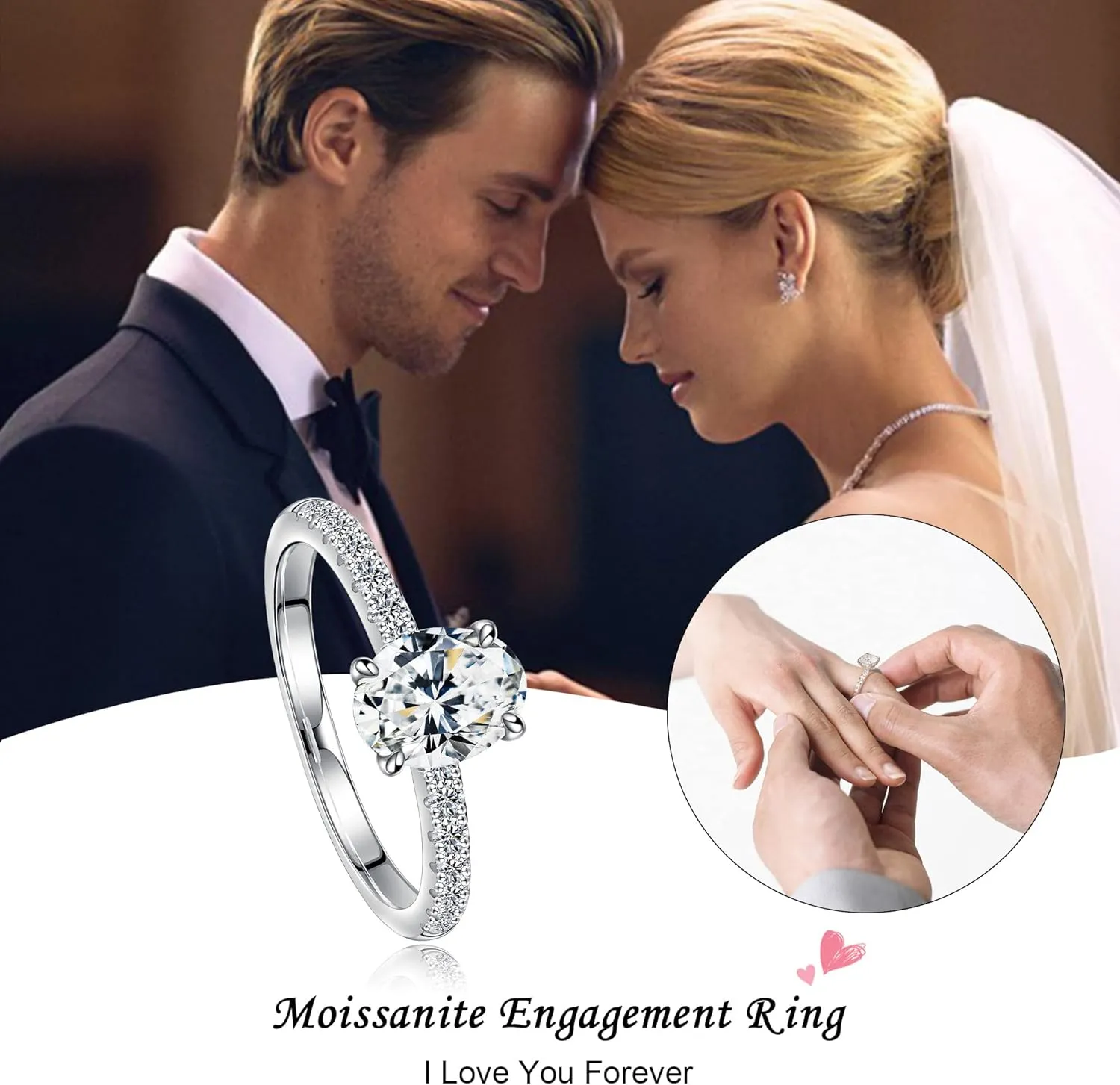 SMILEST 1.5 CT Oval Moissanite Engagement Rings, D Color VVS1 Clarity Lab Created Moissanite Ring 18K White Gold Vermeil Moissanite Side Stone Wedding Rings for Women Wife Anniversary Jewelry Gifts