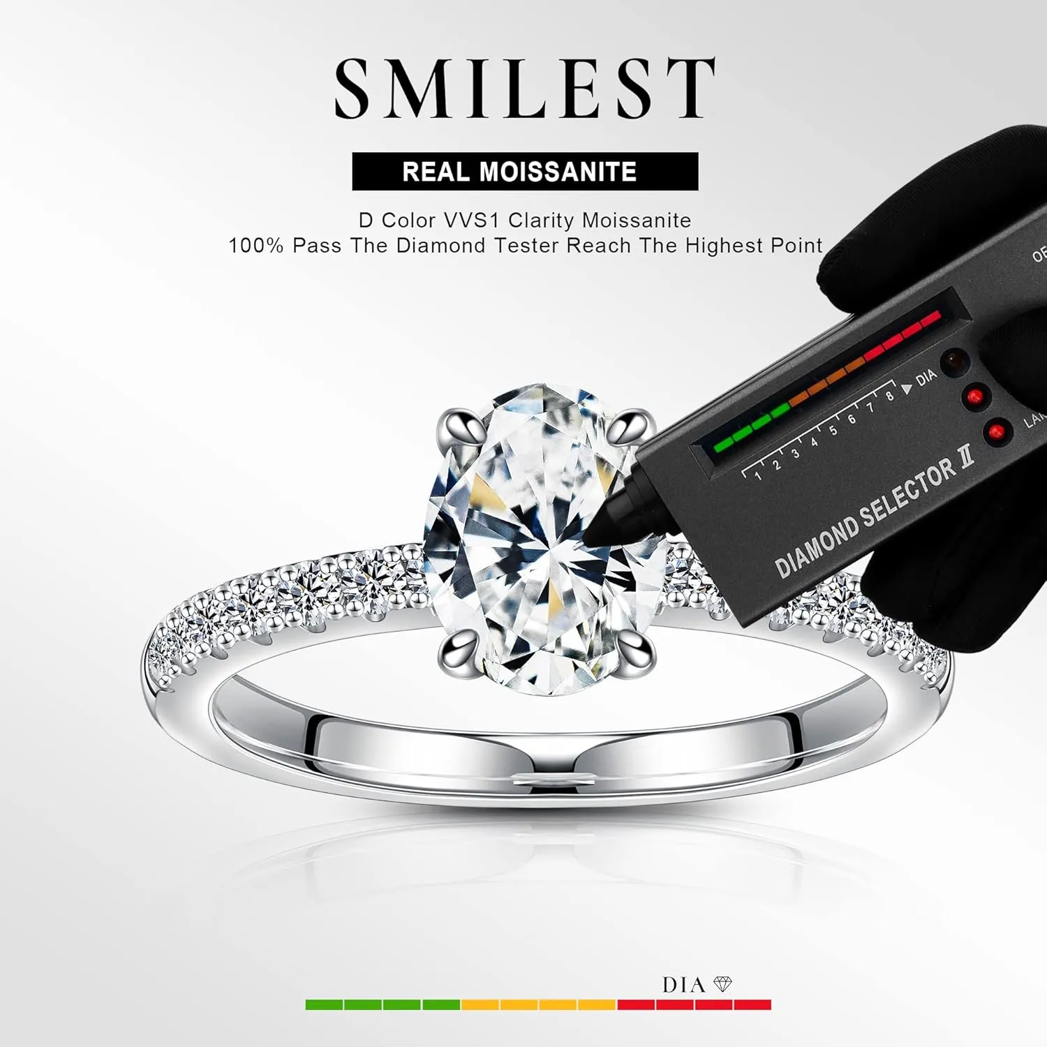 SMILEST 1.5 CT Oval Moissanite Engagement Rings, D Color VVS1 Clarity Lab Created Moissanite Ring 18K White Gold Vermeil Moissanite Side Stone Wedding Rings for Women Wife Anniversary Jewelry Gifts