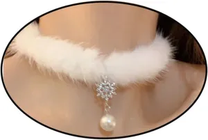 Snowflake Choker Necklace for Women Christmas Necklaces Fluffy Pom Pom Snowflake Pearl Pendant Choker for Women Winter Jewelry Gift