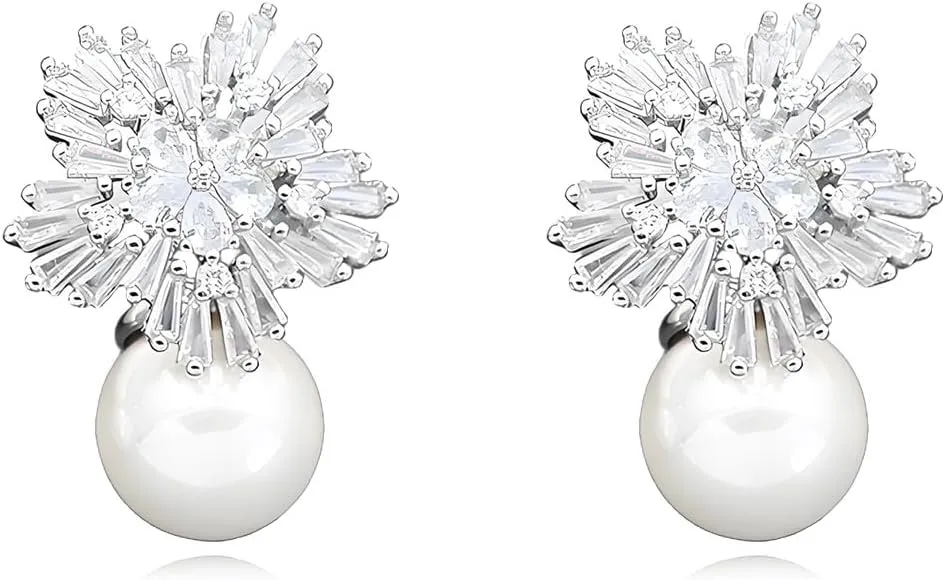 Snowflake Flower Earrings for Women Trendy Sparkling Rhinestone Cubic Zirconia Imitation Pearl Snowflake Flower Dangle Earrings Bridal Wedding Party Luxury Jewelry Gifts
