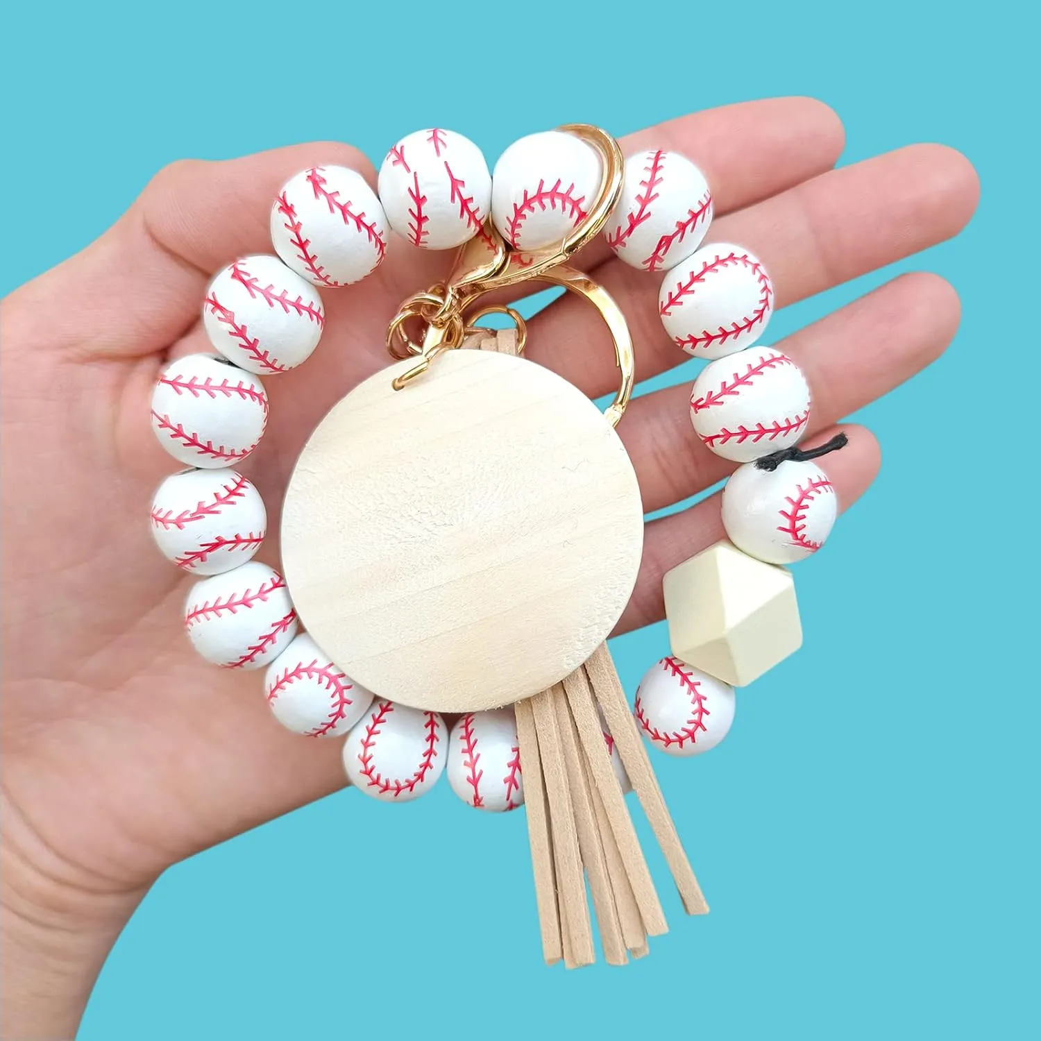 Softball Baseball Charm Keychains Wooden Key Ring Bracelet Wristlet Women Girls Sport Athlete Game Day