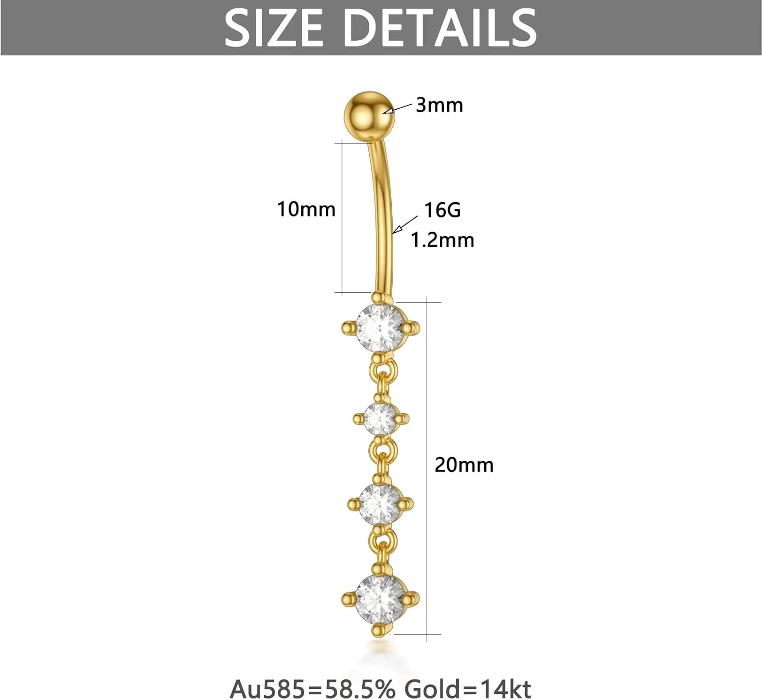 Solid 14K Gold Belly Button Rings for Women 14G 16G Clear CZ/Opal Navel Rings Gold Dangle Belly Button Piercing Jewelry Gift for Women