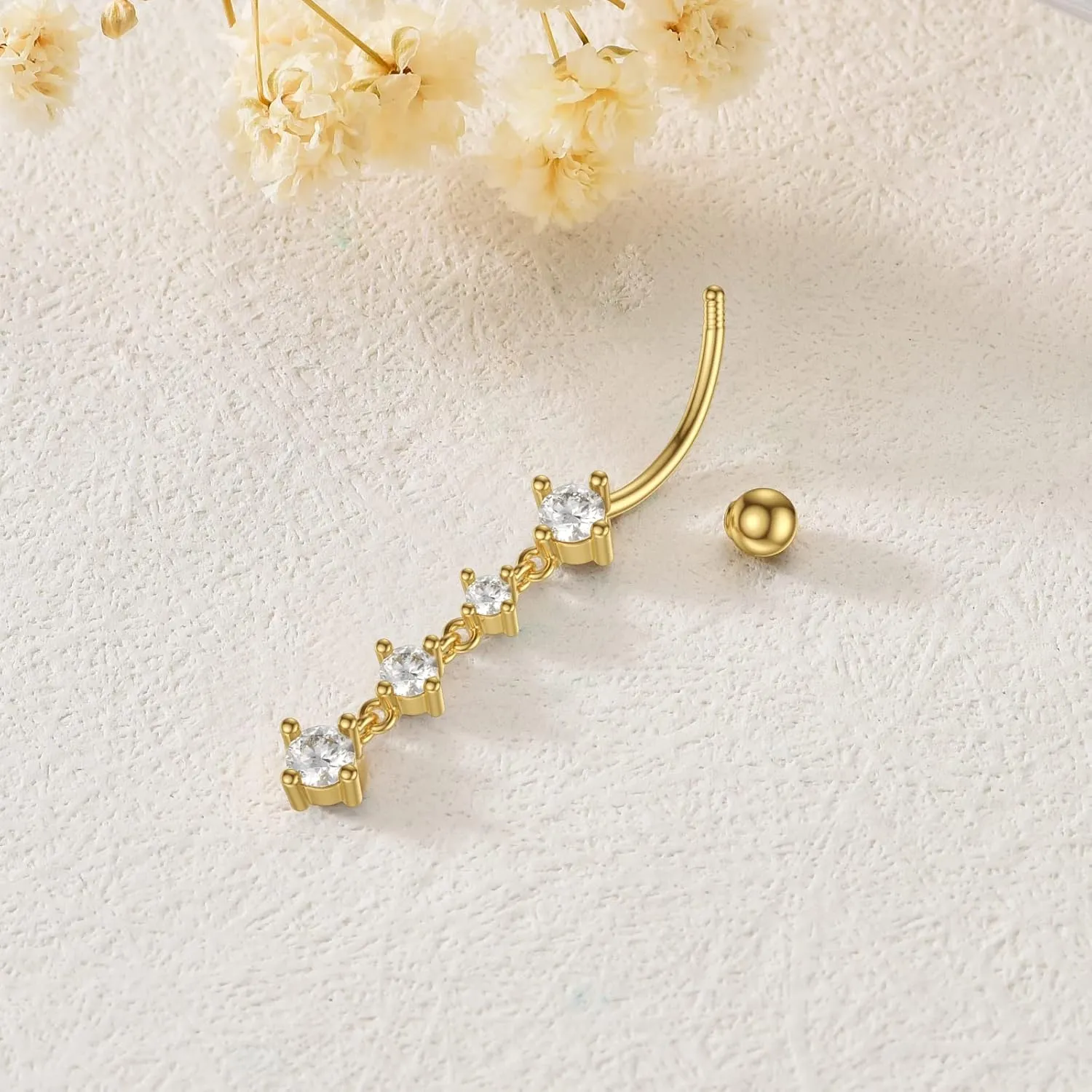 Solid 14K Gold Belly Button Rings for Women 14G 16G Clear CZ/Opal Navel Rings Gold Dangle Belly Button Piercing Jewelry Gift for Women
