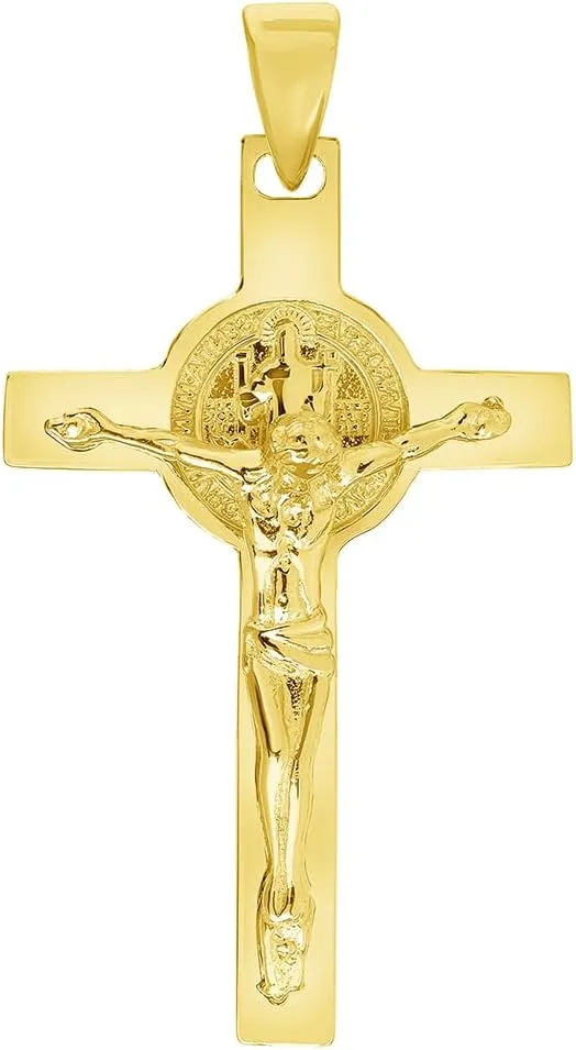 Solid 14k Yellow Gold Classic Saint Benedict Cross Jesus Crucifix Pendant with Cable, Cuban Curb, or Figaro Chain Necklaces