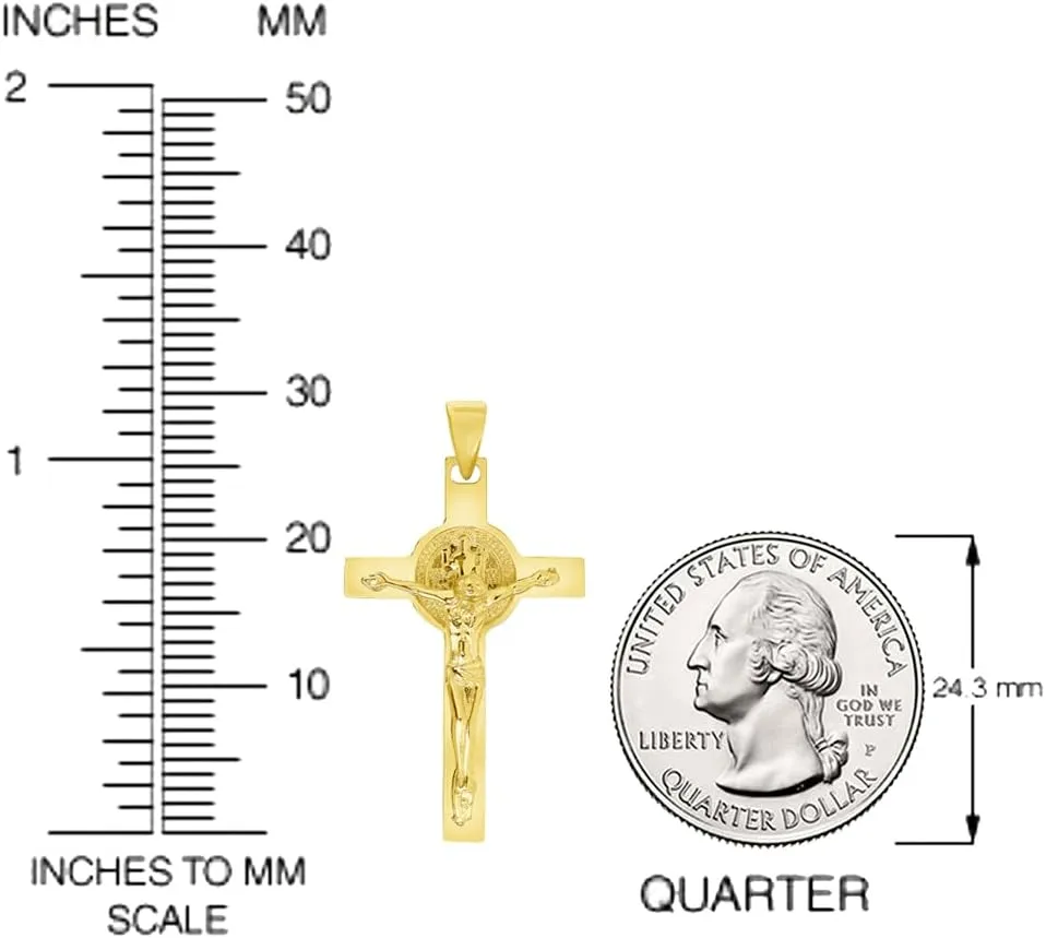 Solid 14k Yellow Gold Classic Saint Benedict Cross Jesus Crucifix Pendant with Cable, Cuban Curb, or Figaro Chain Necklaces
