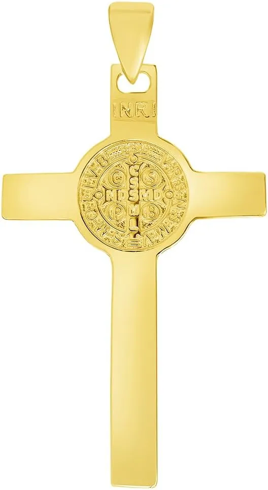 Solid 14k Yellow Gold Classic Saint Benedict Cross Jesus Crucifix Pendant with Cable, Cuban Curb, or Figaro Chain Necklaces