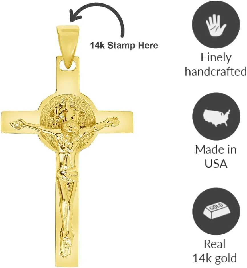 Solid 14k Yellow Gold Classic Saint Benedict Cross Jesus Crucifix Pendant with Cable, Cuban Curb, or Figaro Chain Necklaces