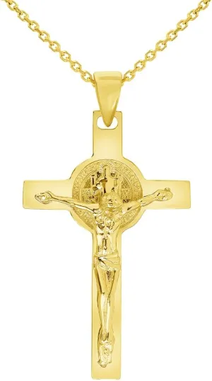 Solid 14k Yellow Gold Classic Saint Benedict Cross Jesus Crucifix Pendant with Cable, Cuban Curb, or Figaro Chain Necklaces