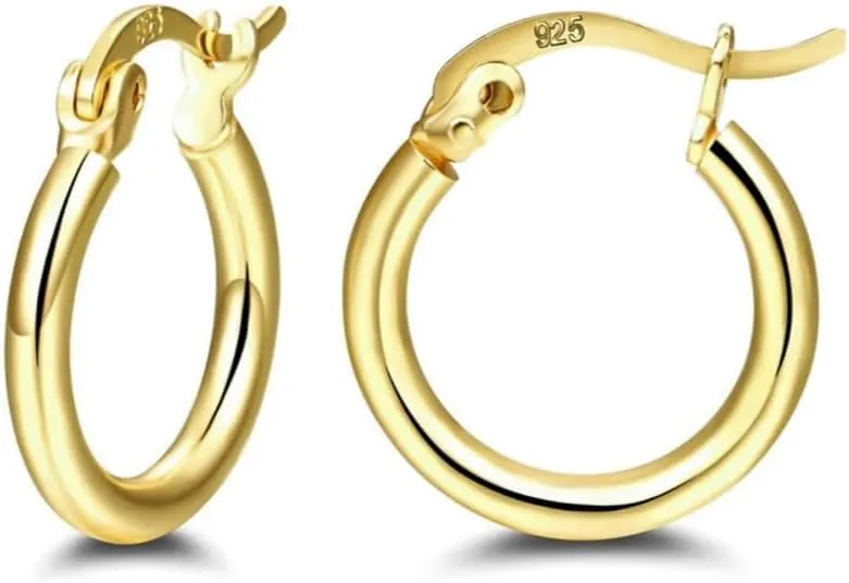 Solid 14k Yellow Gold Plated Pure 925 Sterling Silver Small Trendy Cool Lightweight Little Thin French Lock Hoop Earring for Men Women Cartilage Hypoallergenic Huggie Hoops Earrings