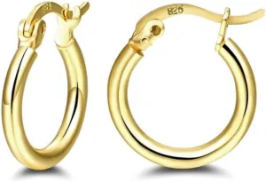 Solid 14k Yellow Gold Plated Pure 925 Sterling Silver Small Trendy Cool Lightweight Little Thin French Lock Hoop Earring for Men Women Cartilage Hypoallergenic Huggie Hoops Earrings