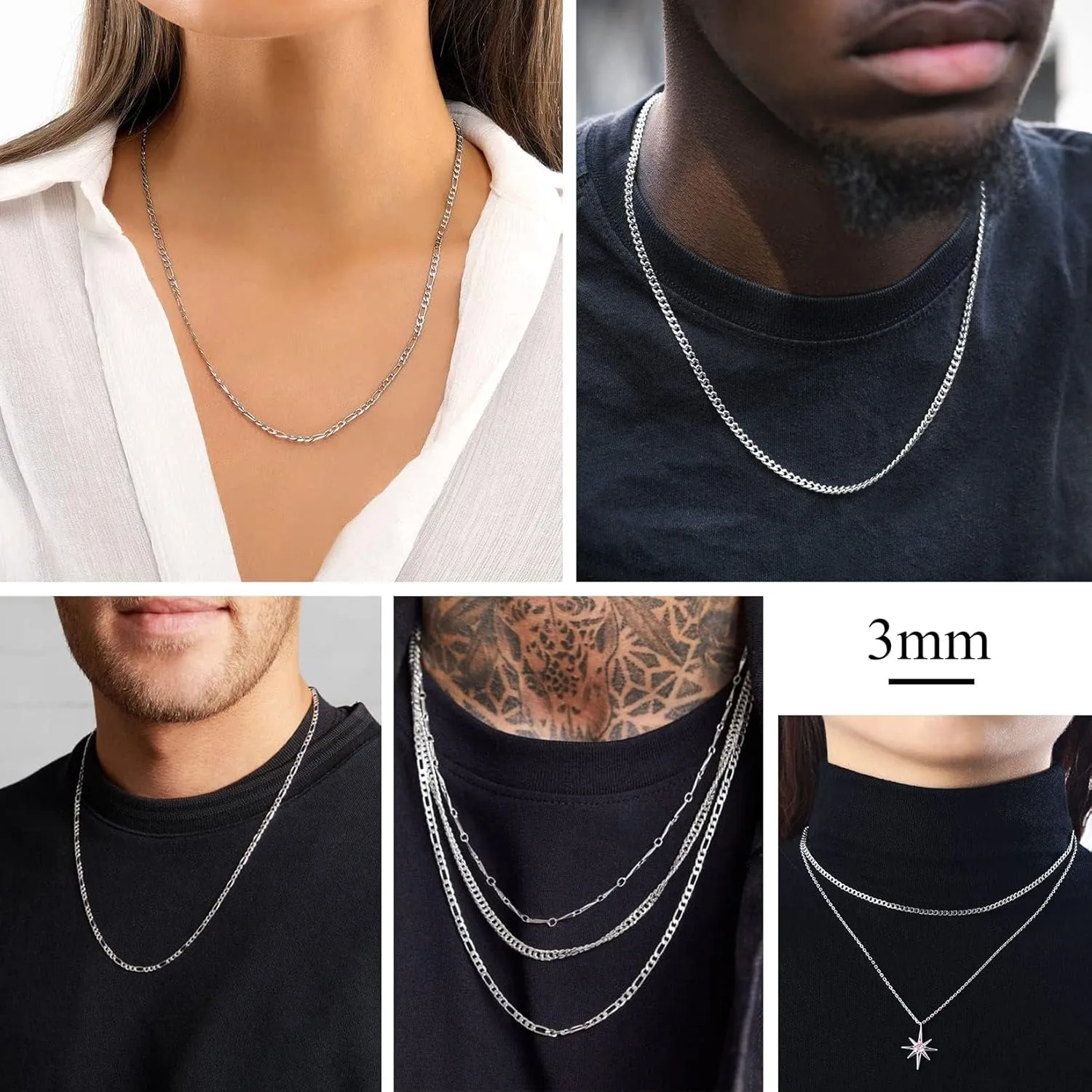 Solid 925 Sterlings Silver 3mm 5mm Flat Curb Cuban Link Chain/Figaro Chain Necklace, Hip Hop Jewelry for Men Women 14"/18"/20"/22"/24"/26"/28"