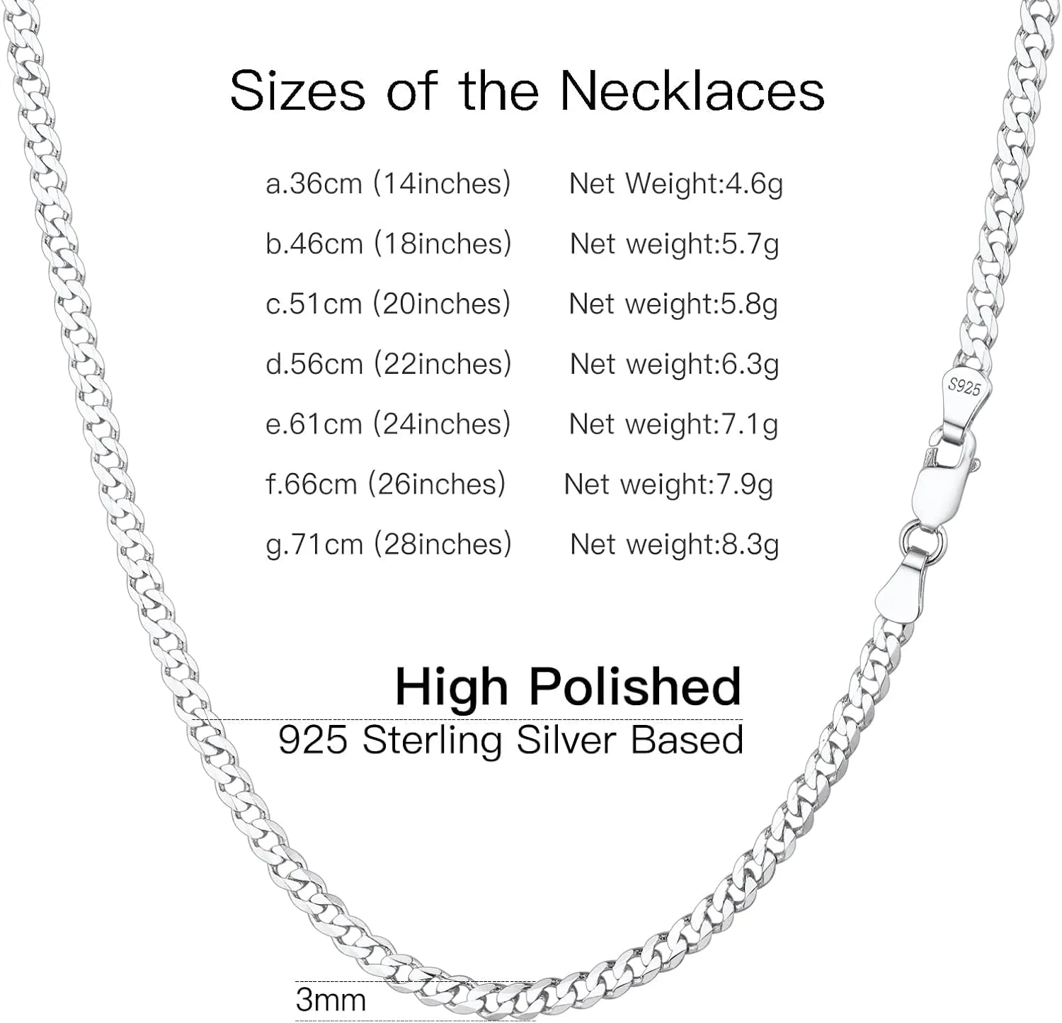 Solid 925 Sterlings Silver 3mm 5mm Flat Curb Cuban Link Chain/Figaro Chain Necklace, Hip Hop Jewelry for Men Women 14"/18"/20"/22"/24"/26"/28"