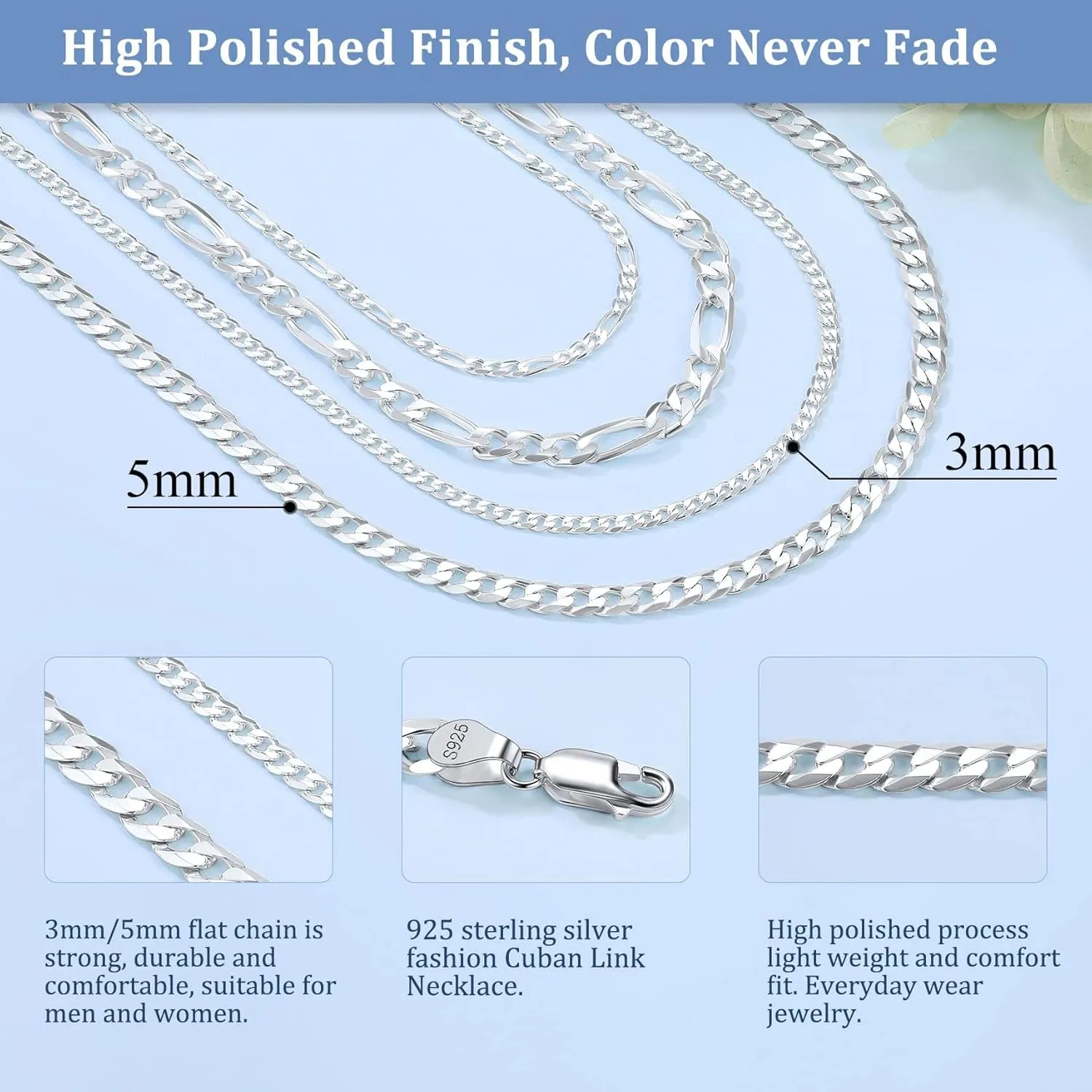 Solid 925 Sterlings Silver 3mm 5mm Flat Curb Cuban Link Chain/Figaro Chain Necklace, Hip Hop Jewelry for Men Women 14"/18"/20"/22"/24"/26"/28"