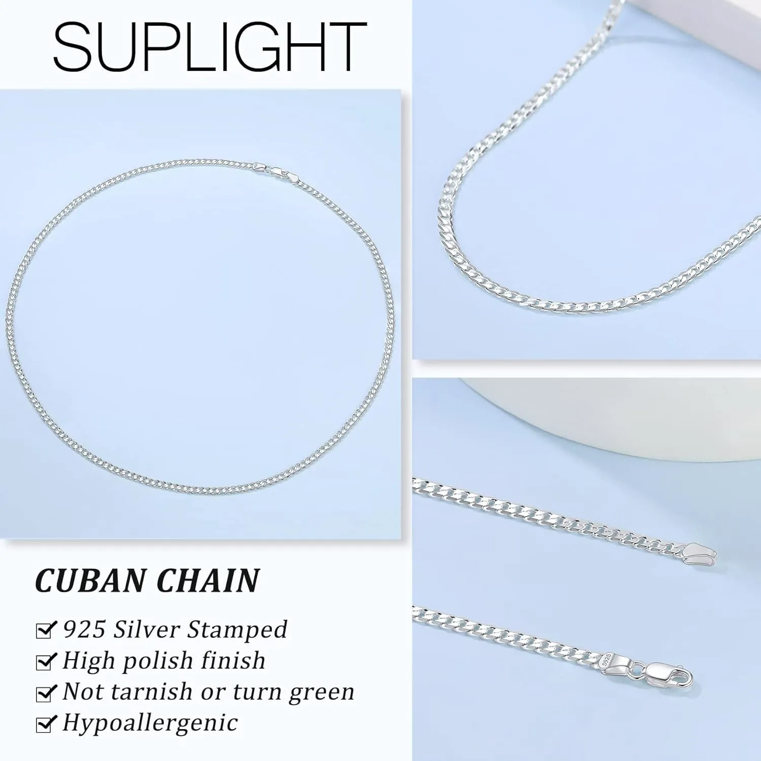 Solid 925 Sterlings Silver 3mm 5mm Flat Curb Cuban Link Chain/Figaro Chain Necklace, Hip Hop Jewelry for Men Women 14"/18"/20"/22"/24"/26"/28"