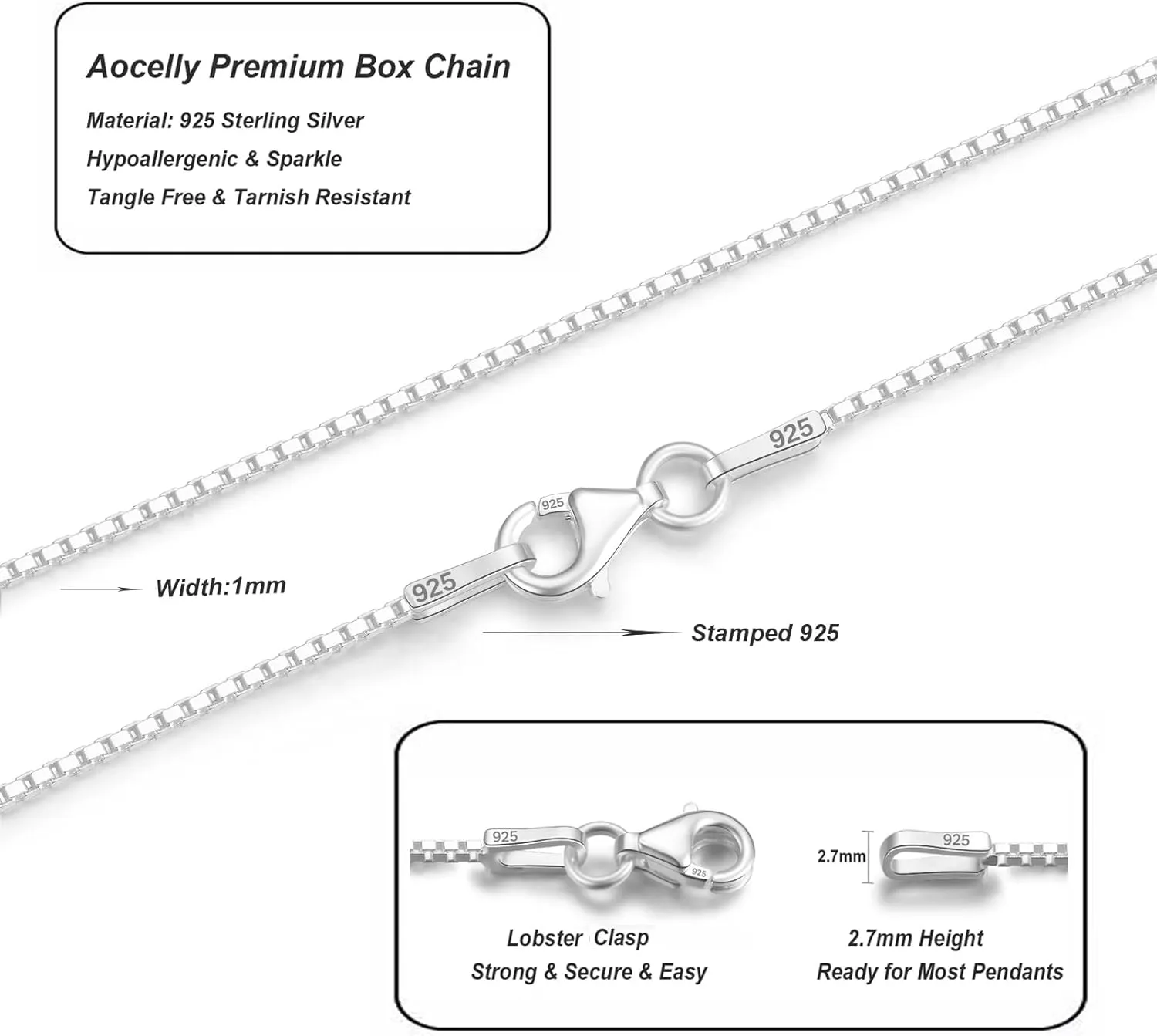 Solid Sterling Silver Necklace Box Chain 1mm,Sturdy Lobster Clasp,Classic and Premium Thin Box Chain Necklace 16-24 Inches