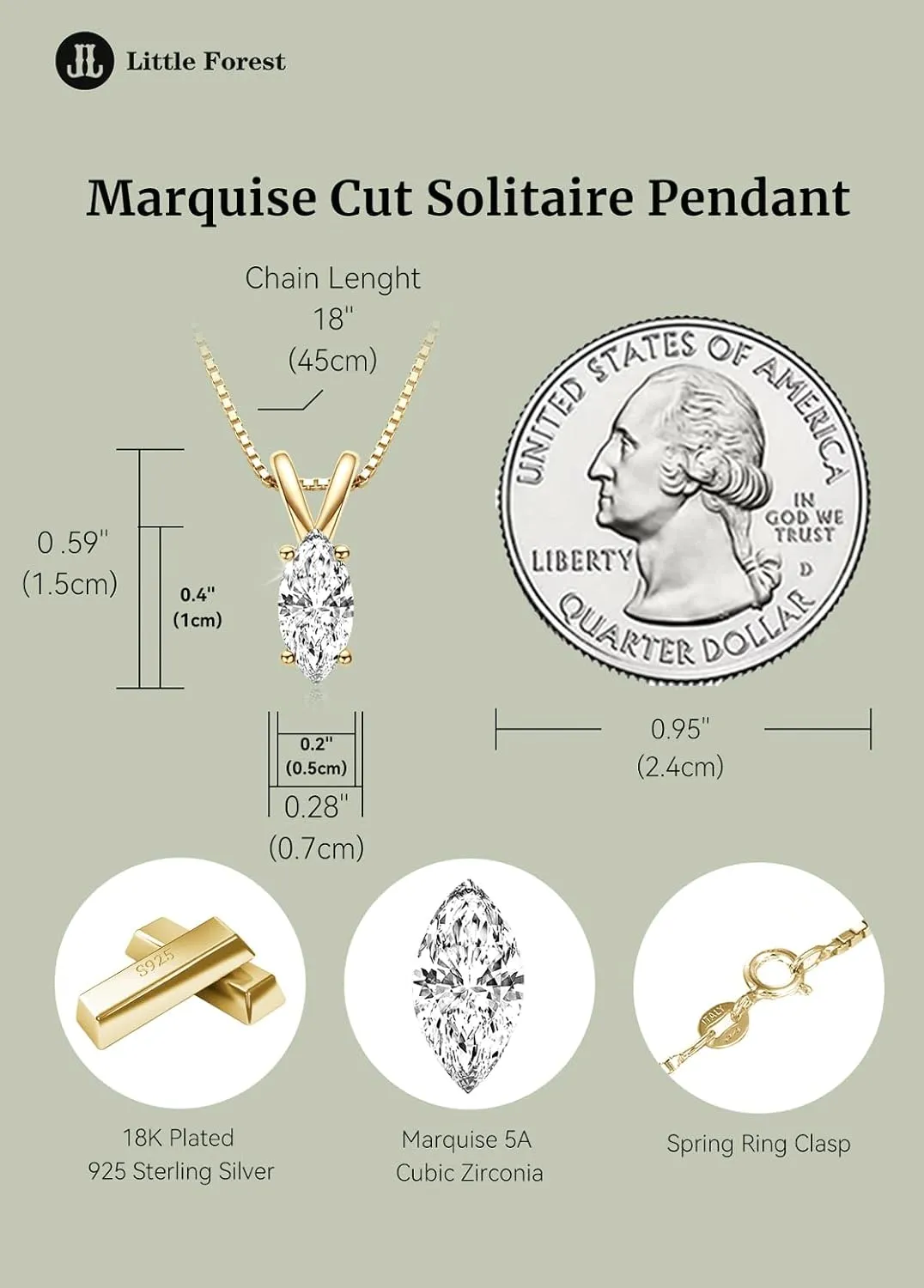 Solitaire Pendant for Women, Emerald/Square Princess/Marquise/Trillion Cut CZ Necklaces, 18K White and Gold-plated 925 Sterling Silver Ideas Gift, Jewelry Box Packed