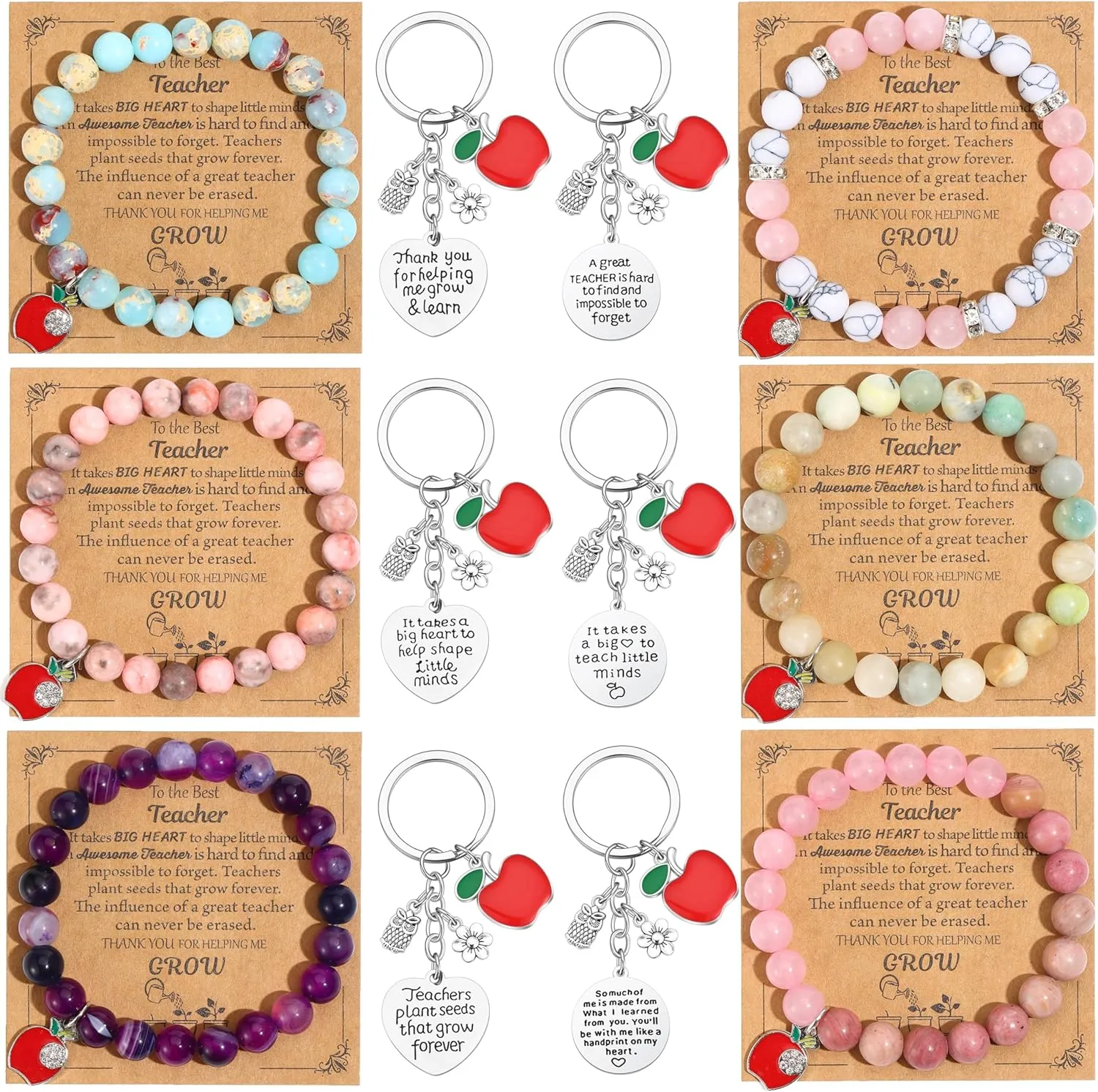 SONNYX 12PCS Teacher Appreciation Gifts for Women Men 8MM Natural Stone Bracelet Key Chains for Teacher Gifts