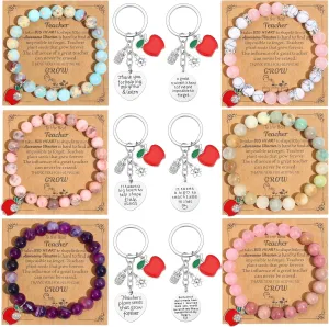 SONNYX 12PCS Teacher Appreciation Gifts for Women Men 8MM Natural Stone Bracelet Key Chains for Teacher Gifts