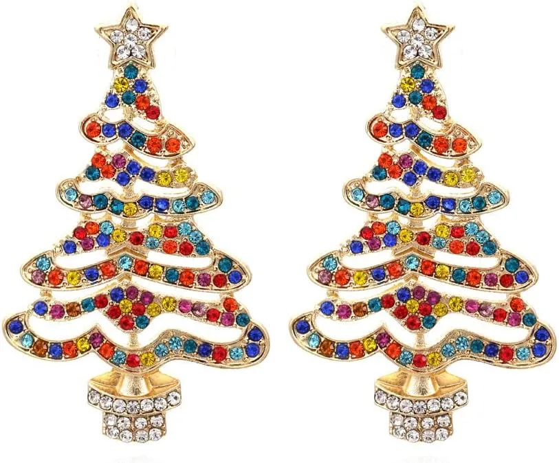 Sparkling Colorful Christmas Tree Drop Dangle Earrings Crystal Xmas Tree Star Rhinestone Handmade Pearl Beaded Holiday Festival Party New Year Jewelry for Women