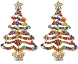 Sparkling Colorful Christmas Tree Drop Dangle Earrings Crystal Xmas Tree Star Rhinestone Handmade Pearl Beaded Holiday Festival Party New Year Jewelry for Women