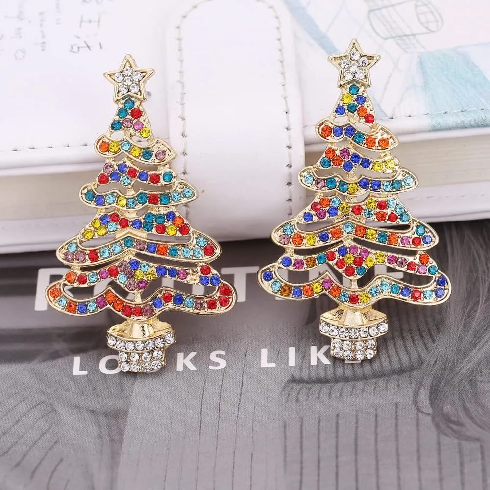 Sparkling Colorful Christmas Tree Drop Dangle Earrings Crystal Xmas Tree Star Rhinestone Handmade Pearl Beaded Holiday Festival Party New Year Jewelry for Women