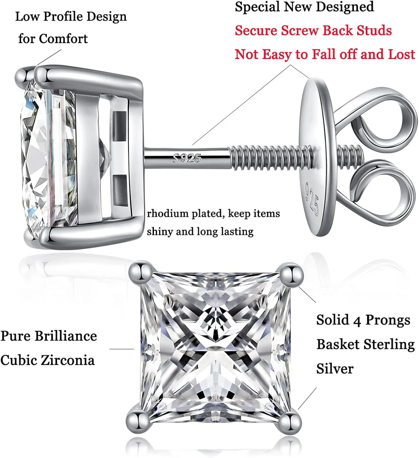 Sparkling CZ Diamond Stud Earrings Sterling Silver Hypoallergenic Round Cut/Square Cut Cubic Zirconia Earrings for Women Men (4MM-8MM)