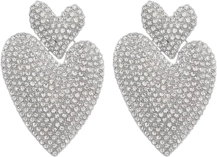 Sparkling Double Hearts Dangle Statement Earrings Cubic Zirconia Rhinestone Big Love Heart Chandelier Drop Studs Earring Fashion Wedding Jewelry Gifts for Women Bridal