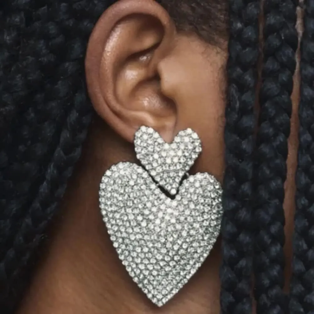 Sparkling Double Hearts Dangle Statement Earrings Cubic Zirconia Rhinestone Big Love Heart Chandelier Drop Studs Earring Fashion Wedding Jewelry Gifts for Women Bridal