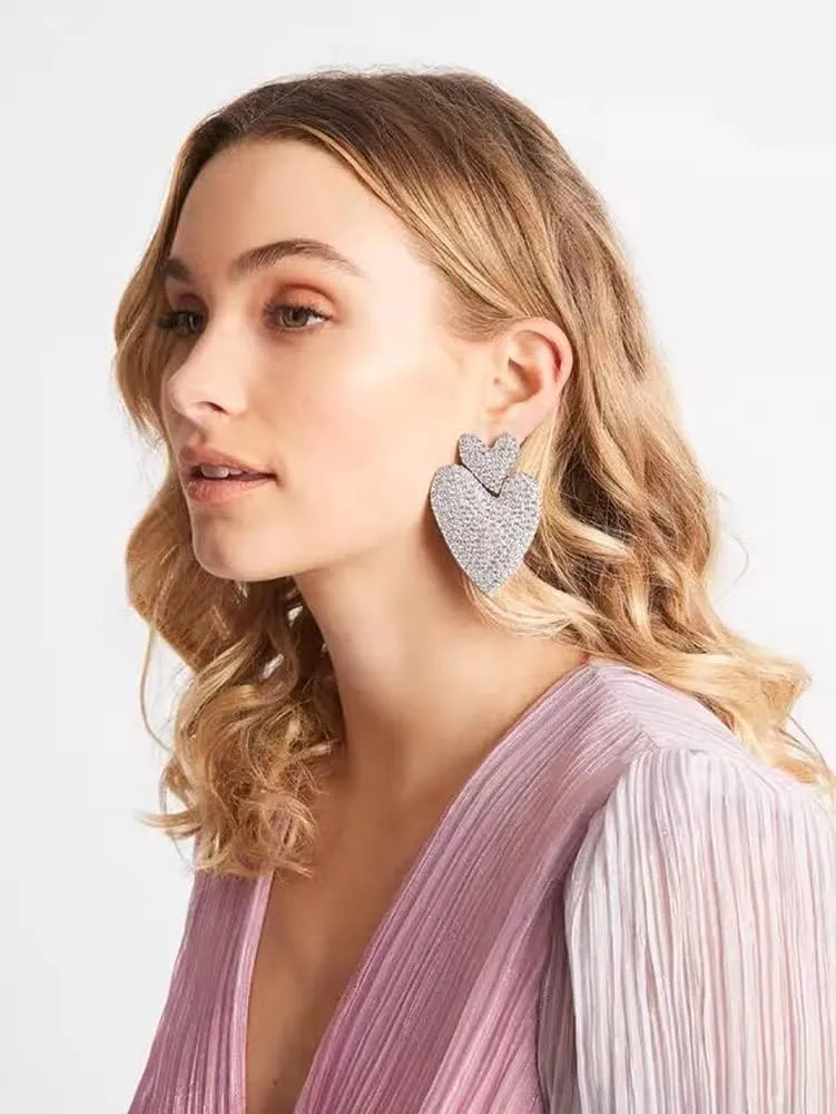 Sparkling Double Hearts Dangle Statement Earrings Cubic Zirconia Rhinestone Big Love Heart Chandelier Drop Studs Earring Fashion Wedding Jewelry Gifts for Women Bridal