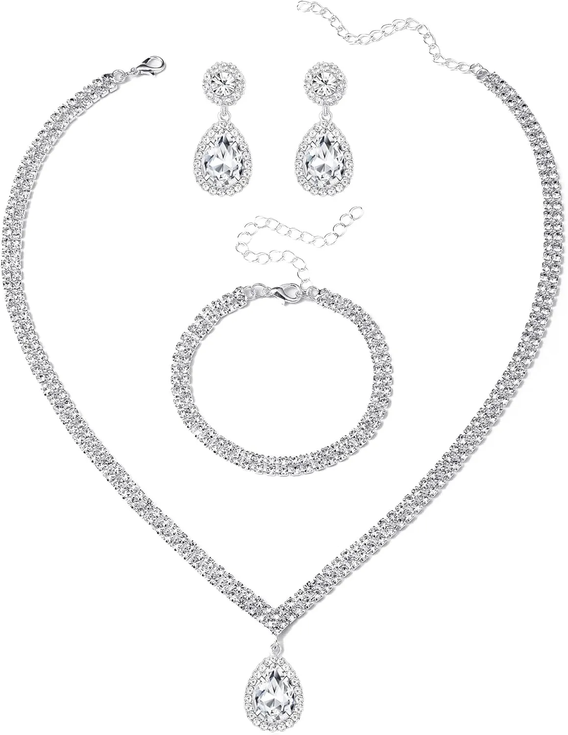 Sparkling Jewelry set Silver Rhinestone Necklace Teardrop Earrings Adjustable Bracelet for Women Custom Jewelry For Bride and Bridemaid