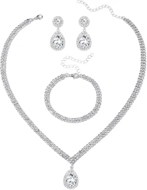 Sparkling Jewelry set Silver Rhinestone Necklace Teardrop Earrings Adjustable Bracelet for Women Custom Jewelry For Bride and Bridemaid