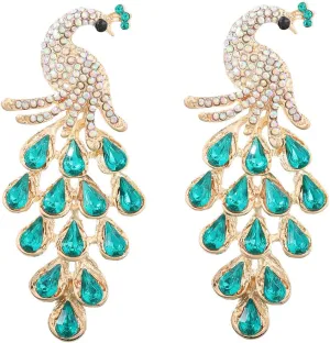 Sparkling Peacock Drop Dangle Statement Earrings for Women Girls Rhinestone Cubic Zirconia Bird Dangling Long Earring Delicate Exaggerated Jewelry Gifts Wedding