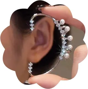 Sparkling Rhinestone Fairy Pearls Ear Cuff Earrings Crystal Clip Climber Wrap Around Earrings for Women