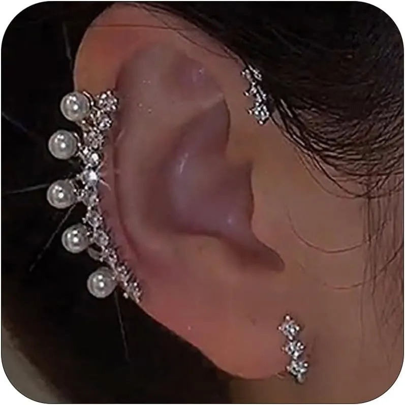 Sparkling Rhinestone Fairy Pearls Ear Cuff Earrings Ear Climbers Earrings for Women
