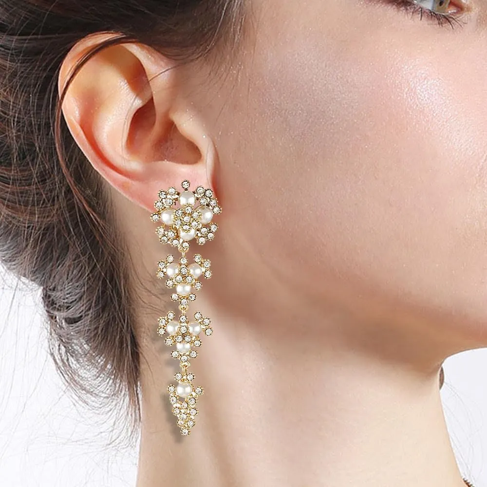 Sparkling Zirconia Pearl Dangle Earrings for Women Vintage Gold Plated Geometric Crystal Cluster Long Tassel Earrings Trendy Wedding Jewelry Gifts