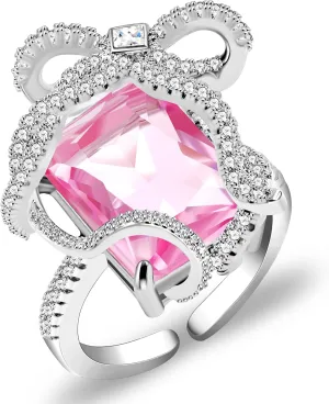 Stable Platinum Plated Emerald Cut Crystal Rings, Pink Cubic Zirconia Open Ring, Split Shank Rings Jewelry Gift For Woman Mom Bridal Lover Gift
