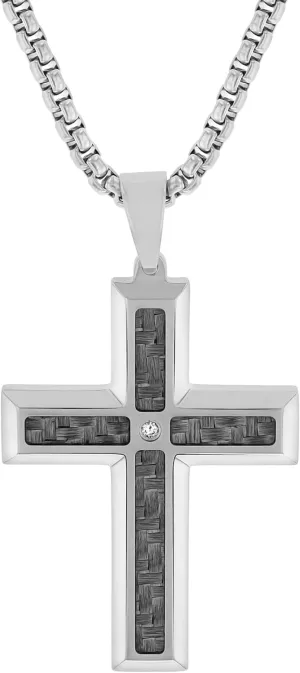Stainless Steel Diamond Cross Pendant with Carbon Fiber Inlay and Accent, Elegant 24" Rolo Chain