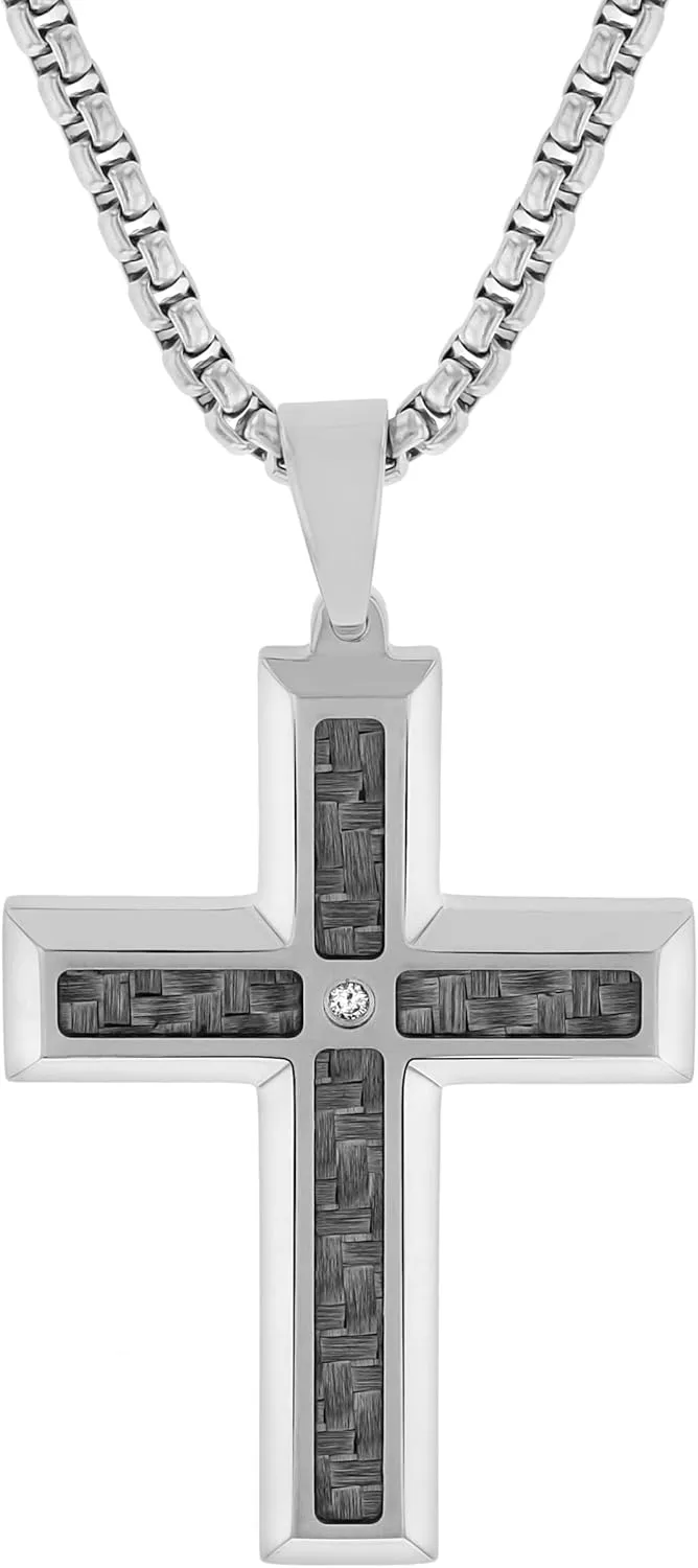 Stainless Steel Diamond Cross Pendant with Carbon Fiber Inlay and Accent, Elegant 24" Rolo Chain