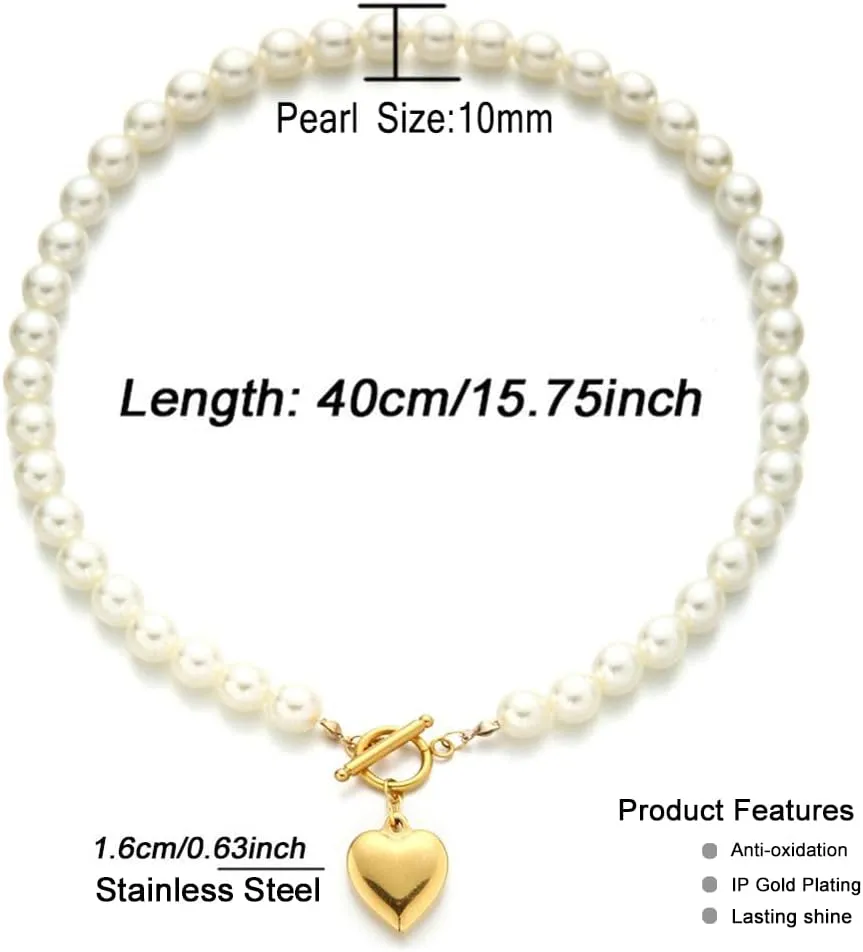 Stainless Steel Imitation Pearl Heart Pendant Necklaces for Women Buckle Heart Necklace Jewelry (gold 1- )